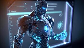 Robot Operating Virtual Interface and Manipulating Elements with Robotic hand. Holographic Screen Artificial Intelligence Concept. Robots Control People in the Near Future. photo