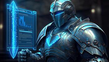 Robot operating virtual interface and manipulating elements with robotic hand. Blue holographic screen artificial intelligence concept. Robots control people in the near future. photo