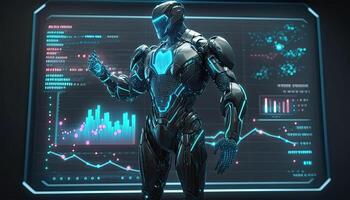 Robot Operating Virtual Interface and Manipulating Elements with Robotic hand. Holographic Screen Artificial Intelligence Concept. Robots Control People in the Near Future. photo