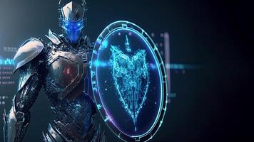 A Cyborg Holding a Futuristic Shied with Holographic Screen on Dark Background. Illustration. photo