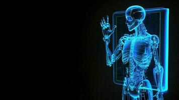 Artificial Intelligence in the form of a Digital Blue Wireframe Body Holographic Screen on Dark Background and Copy Space. photo