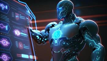 Cyborg Operating Information on Hologram Screen Showing Big Data. Artificial intelligence and Machine Learning Process Illustration. photo