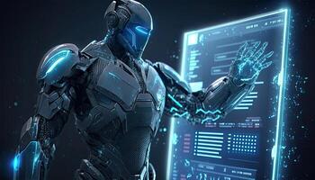 Cyborg Operating Information on Hologram Screen Showing Big Data. Artificial intelligence and Machine Learning Process Illustration. photo