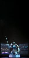 A Cyborg Holding a Futuristic Sword, Holographic Screen on Dark Background and Copy Space. . photo
