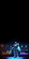 A Cyborg Holding a Futuristic Sword with Shield, Holographic Screen on Dark Background and Copy Space. . photo