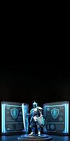 A Cyborg Holding a Futuristic Sword with Holographic Screen on Dark Background and Copy Space. . photo