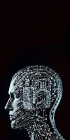 Artificial Intelligence in Humanoid Head with Neural Network, Digital Brain Learning Processing Big Data. Face of Cyber Mind. Technology and Space for Your Message. photo