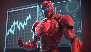 Robot Operating Virtual Interface and Manipulating Elements with Robotic hand. Holographic Screen Artificial Intelligence Concept. Robots Control People in the Near Future. photo