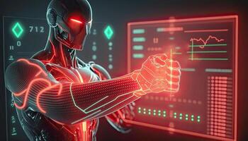 Cyborg Operating Information on Hologram Screen Showing Big Data. Artificial intelligence and Machine Learning Process Illustration. photo