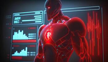 Robot Operating Virtual Interface and Manipulating Elements with Robotic hand. Holographic Screen Artificial Intelligence Concept. Robots Control People in the Near Future. photo