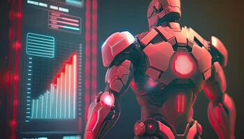 Back View of Cyborg Operating Information on Hologram Screen Showing Big Data. Artificial intelligence and Machine Learning Process Illustration. photo