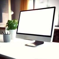 Computer mockup, Online advertising, Internet technology. Closeup View of Blank Screen Computer with Pen holder and Plant Pot on Worktable in Blur Room. Illustration. photo