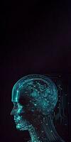 Artificial Intelligence in Humanoid Head with Neural Network, Digital Brain Learning Processing Big Data. Face of Cyber Mind. Generative AI Technology and Space for Your Message. photo