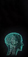 Artificial Intelligence in Humanoid Head with Neural Network, Digital Brain Learning Processing Big Data. Face of Cyber Mind. Technology and Space for Your Message. photo