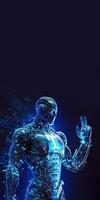 A Cyborg 3D illustration with Dramatic Futuristic Blue Lighting in an Action Position. Standee Banner Design with Copy Space. . photo