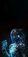 un hembra cyborg 3d ilustración con dramático futurista azul Encendiendo en un acción posición. espectador de pie bandera diseño con Copiar espacio. generativo ai. foto