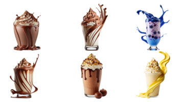 Various Flavor Shake Glasses With Splash Waves On White Background. 3D Rendering. png