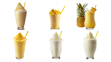 3D Rendering, Various Flavor of Delicious Shake Glasses With Straw Against White Background. png