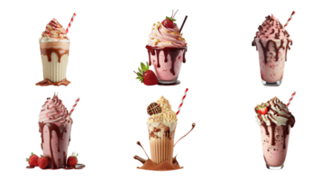 Various Flavor of Delicious Shake Glasses With Straw Elements. 3D Rendering. png