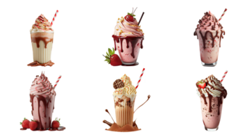 vario gusto di delizioso shake bicchieri con cannuccia elementi. 3d resa. png