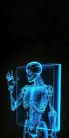 Artificial Intelligence in the form of a Digital Blue Wireframe Body Holographic Screen on Dark Background and Copy Space. photo