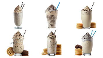 Collection of Realistic Delicious Milkshake Glasses With Cookies Elements. 3D Render. png