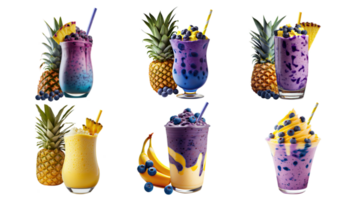 3D Render of Various Flavor Shake Glasses With Fruits Elements On White Background. png