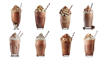 samling av realistisk kaffe milkshake glasögon med sugrör element. 3d tolkning. png