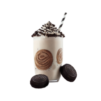 3d framställa av choklad milkshake glas med rand sugrör, choco småkakor element. png