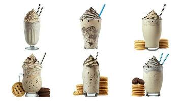 Collection of Realistic Delicious Milkshake Glasses With Cookies Elements. 3D Render. photo