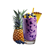 Delicious Shake Glass Decorated With Blueberries, Pineapple Pieces. 3D Render. png