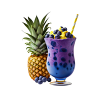 Delicious Blueberry Smoothie, Straw And Pineapple Element. 3D Render. png