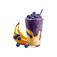 3D Render, Transparency Glass of Banana And Blueberries Smoothie With Straw Element. png