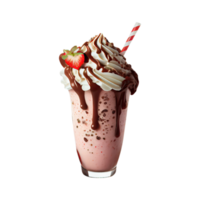 3d rendere di fragola shake bicchiere con frustato crema, gocciolante cioccolato sciroppo elemento. png