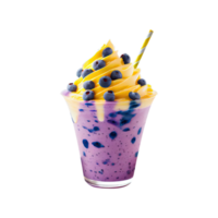 giallo frustato crema dentro mirtillo shake bicchiere con banda cannuccia elemento. 3d resa. png