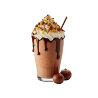 3d renderizar, vidro do Brownie milkshake com gotejamento xarope, Chocolate bolas elemento. png