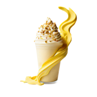 3d renderizar, descartável vidro do açoitado creme milkshake com amarelo abstrato ondulado elemento. png
