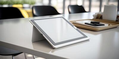 Digital tablet, blank screen mock up on grey color table. photo