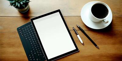 Digital tablet, blank screen mock up with coffee cup, and pens on wooden table. photo