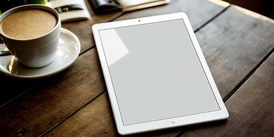 Digital tablet, blank screen mock up with coffee cup on table. photo