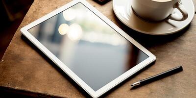 Digital tablet, blank screen mock up with pen and coffee cup on table. photo