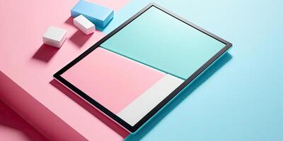 Digital tablet with color block screen mock up on colorful table. photo