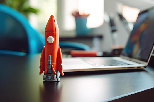 Space shuttle on the table, Launching space rocket from office, . photo