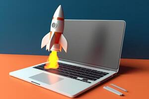 Rocket taking off from laptop screen on top of office desk, successful startup concept, photo