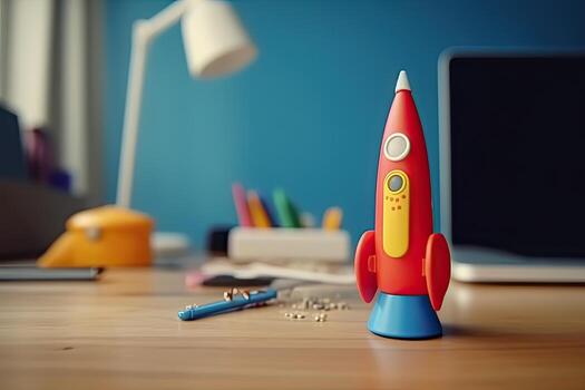 Space shuttle on the table, Launching space rocket from office, . photo