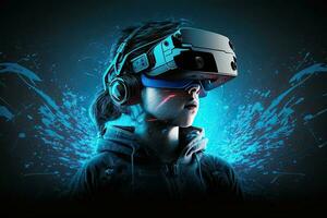 Futuristic woman in virtual reality glasses on the background of a neon city. Cyberpunk, retrowave, synthwave, high definition, art, generative artificial intelligence. photo