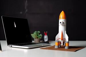 Space shuttle on the table, Launching space rocket from office, . photo