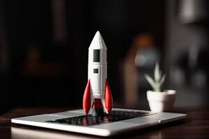 Space shuttle on the table, Launching space rocket from office, . photo