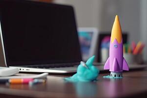 Space shuttle on the table, Launching space rocket from office, . photo