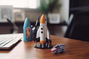 Space shuttle on the table, Launching space rocket from office, . photo